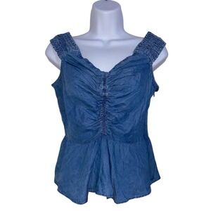 Emma‎ NWT Chambray Peplum Top Ruched Sleeveless Side Zip Casual Blue Size Large